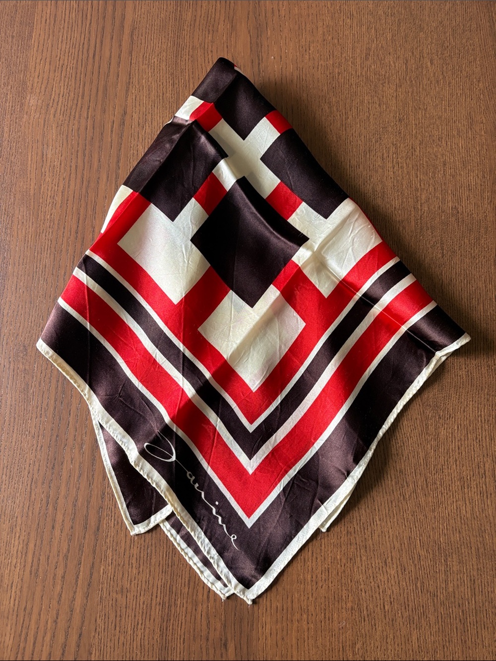 JANINE - Silky 70s Geometric Print Scarf in Red, Brown & Cream - Designer Style